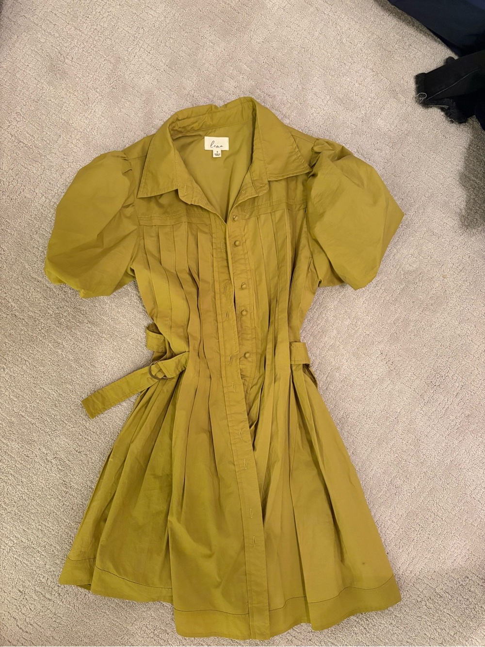 Lena Olive Green Puff-Sleeve Shirt Dress